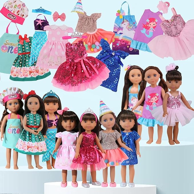 fit for 14 inches Girl Dolls' Clothes, for 14" Glitter Girl Wellie Wishers Baby Doll, 10 Sets Clothes and Accessories (14 inch Doll Clothes)