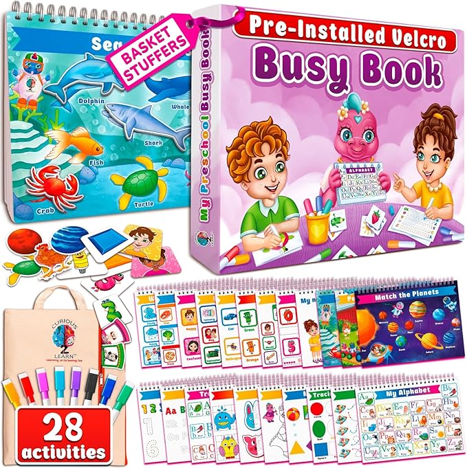 Curious 2 Learn Montessori Busy Book for Toddlers Ages 3–5 – Premium Thick Pages, Preassembled Learning Binder with 28 Activities, Travel Bag & 8 Markers – Durable Educational Montessori Toy