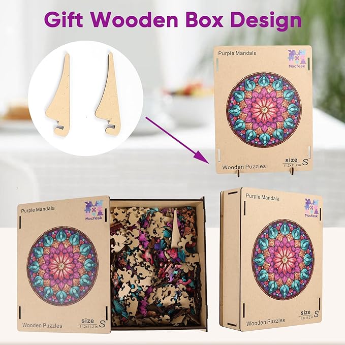 Mocfesk Mandala Wooden Puzzles, Colorful Mandala Jigsaw Puzzles for Adults and Kids, Geometric Wooden Puzzles 200 Pieces for Grandparents, Family Puzzle Holiday Decor 11.2'' x 11.2''