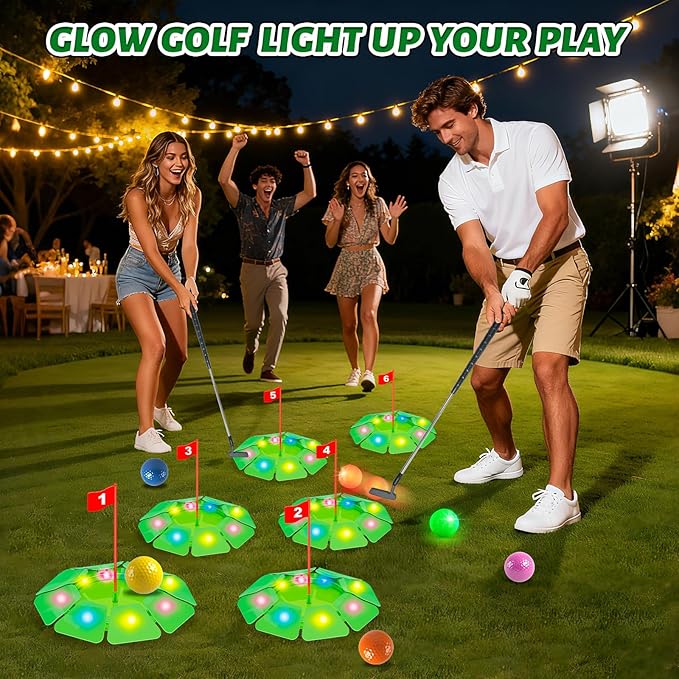 VATOS Light up Golf Putting Game Set - Glow Golf Toy with 6 LED Holes, 6 Balls (2 Glow), Extendable Putter, Build Your Own Course at Home Indoor Outdoor Yard Office Golfs Gifts for Kids Adults Golfer
