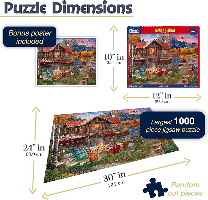 White Mountain 1000 Piece Jigsaw Puzzle Cabin Fall and Autumn Lake Scenic Puzzles Large Pieces Gift for Adults and Family 24"x30" - Family Retreat