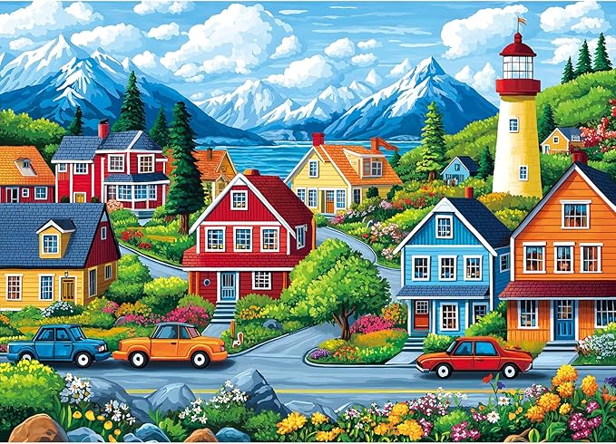 1000 Piece Jigsaw Puzzle for Adults, Coastal Village Scene with Lighthouse and Mountain View, Stress Relief & Family Bonding Game, 27.56x19.69 Inches Home Decor
