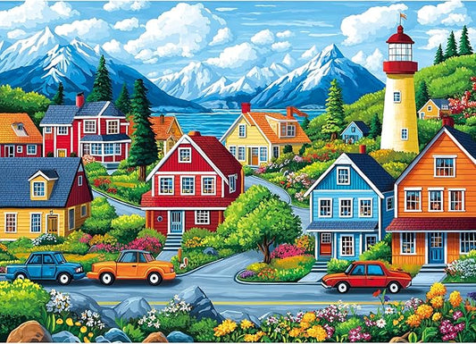 1000 Piece Jigsaw Puzzle for Adults, Coastal Village Scene with Lighthouse and Mountain View, Stress Relief & Family Bonding Game, 27.56x19.69 Inches Home Decor
