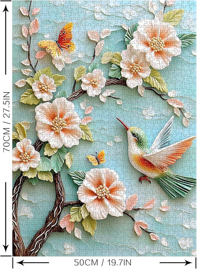 Puzzles for Adults 1000 Pieces, Flower Bird Puzzle 1000 Pieces - Spring Blossom Glory, Impossible Hummingbird Puzzle, Finished Size 19.69 * 27.56", with 1:1 Poster