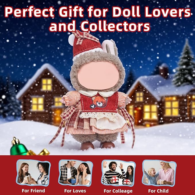 Clothes for Labubu 17cm Doll (NO Doll), 4 Piece Labubu Clothes Set, Cute Labubu Outfits with Accessories, Handmade Crochet La Bubu Doll Dress Up Set（Party Bear）
