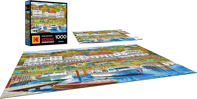 RoseArt - Kodak Premium - 1000 Piece Jigsaw Puzzle for Adults– Lakeside Resort – Peaceful Waterfront Hotel & Boats Scene – Bright, Detailed Artwork – 26.625 x 19.25 Inches