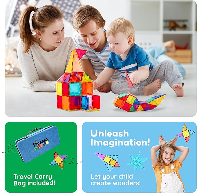 PicassoTiles 101 PCs Magnetic Tiles Building Block with Storage Case Included Bold Colors Travel Carry Case Construction Set for Boys & Girls Great Gift Preschool Kindergarten Montessori Playing Toys