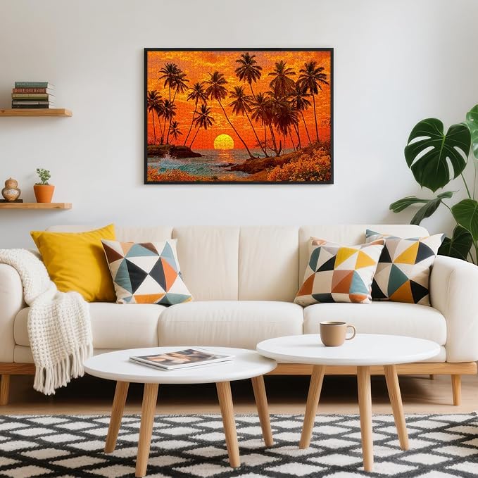Puzzles for Adults 1000 Pieces, Tropical Sunset Beach Jigsaw with Letters on Back, Palm Trees & Ocean Waves, 28x20 Inch Wall Art, Relaxing Family Game, Easter