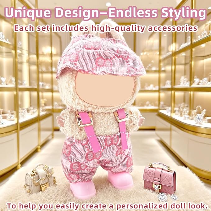 Clothes for Labubu 17cm Doll (NO Doll), 3 Piece Labubu Clothes Set, Cute Labubu Outfits with Accessories, Handmade Crochet La Bubu Doll Dress Up Set（Upstart Set）