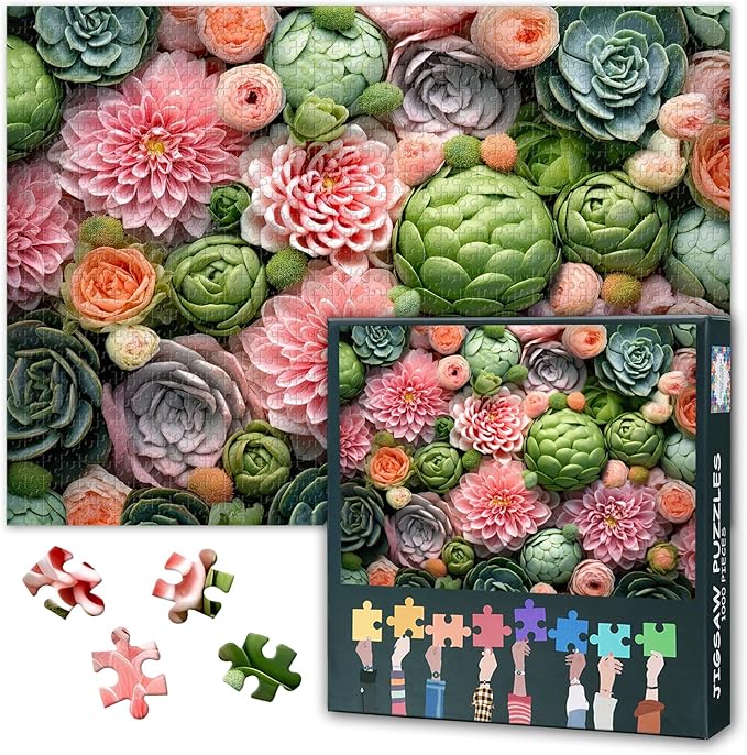 Succulents Puzzles for Adults 1000 Pieces, Pink Flowers Jigsaw Puzzles, Floral Adult Puzzle for Adults, Educational Fun Games or Toys for Elders Friends 20X27 INCH