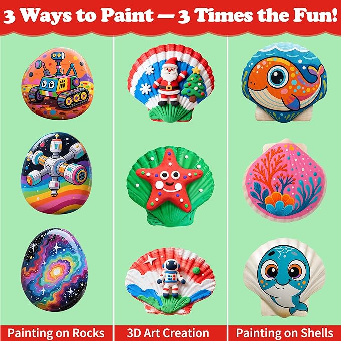 Awsoo Glow in The Dark Rock & Shell Painting Kit Arts and Crafts for Kids Ages 6-12, Kids Craft Paint Kit, Art Supplies Toy, Creative Painting Kits, Christmas Toy Gifts for Boys Girls