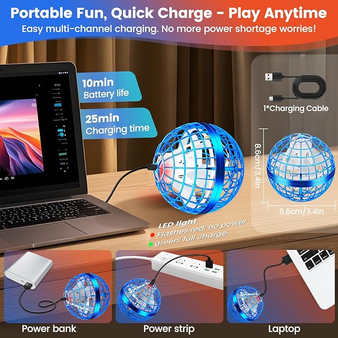 Flying Orb Ball Toy, 2026 Upgrade Hand Controlled Hover Ball with LED Lights, 360° Rotating Boomerang Globe, Cool Mini Drone, Ideal Birthday&Christmas Gift for Boys Girls-Blue & Red