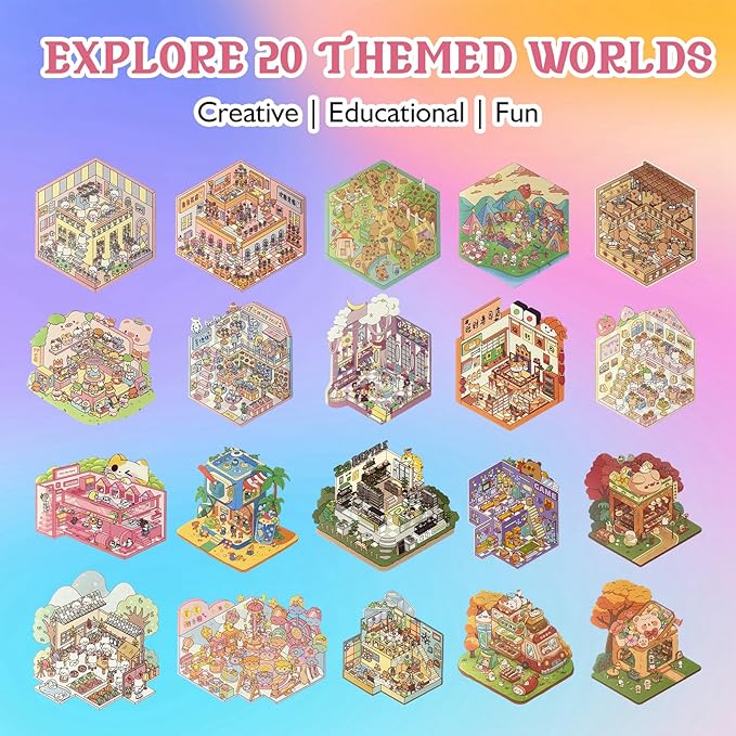 Fieoriia 3D Sticker Book Scene, 20 Sets DIY Miniature World Craft Kit, Art Therapy Activity for Adults, Kids, Family Fun