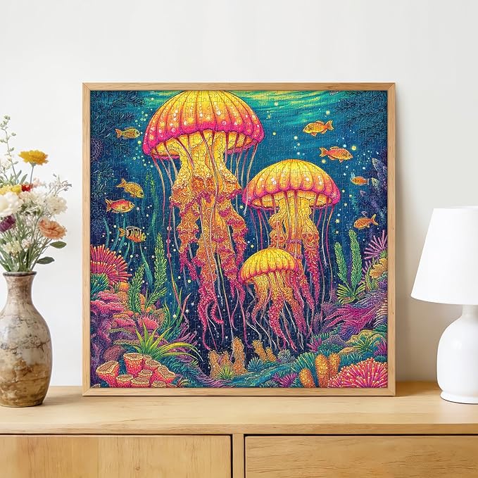 Glowing Neon Jellyfish 1000 Piece Jigsaw Puzzle for Adults - Underwater Coral Reef Scene with Tropical Fish, Poster & Lettered Back, 22.8" Square HD Quality, Unique Gift for Ocean & Art Lovers