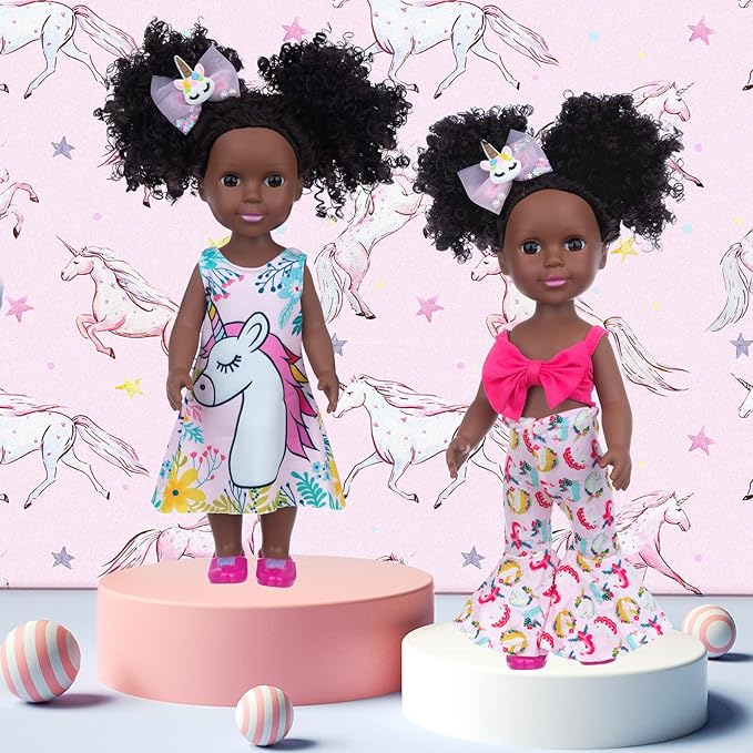ZQDOLL Black Doll and Black Baby Doll Clothes 14.5 inch African American Silicone Girl Doll with 2 Sets Clothes and Travel Equipment Camera Backpack Glasses etc - Best Gift for Kids Girls