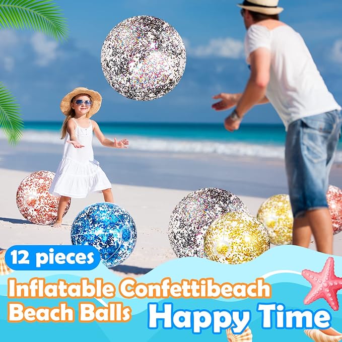 Lewtemi 12 Pcs Inflatable Glitter Beach Balls 16 Inch 24 Inch Shiny Giant Confetti Balls Swimming Pool Beach Blow up Balloon for Outdoor Summer Party Wedding Decor(Gold, Rose Gold, Purple)