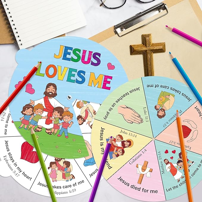 COcnny Religious Coloring Wheel Craft- 24 Sets Color Your Own Christian Art Craft DIY Coloring Cards for Kids, Jesus Loves Me Paper Craft Art for Sunday School Home Class Biblical VBS Activities