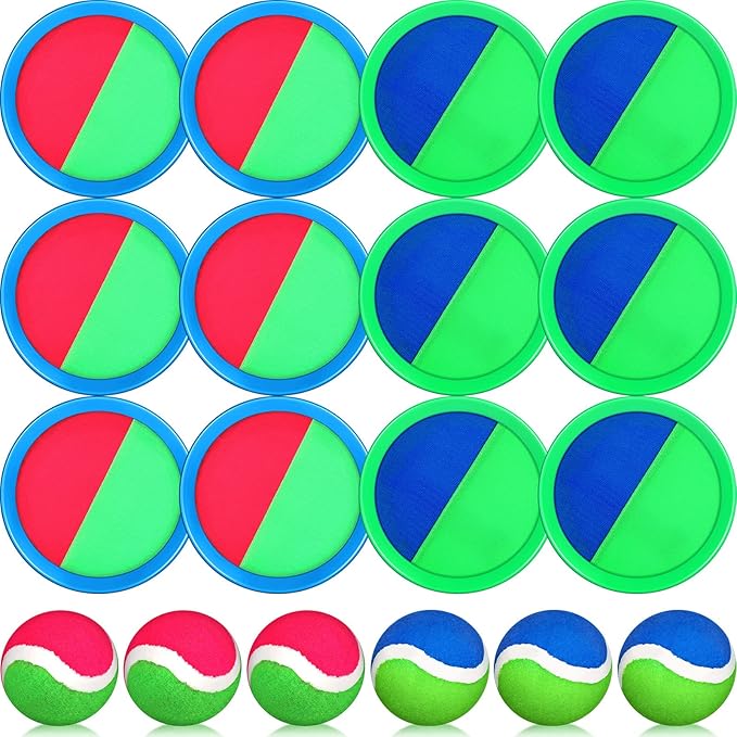 Charniol Kids Toys Toss and Catch Game Set Beach Game Outdoor Ball Sports Games Toss and Catch Ball Nylon Toys for Kids Adults(Blue Green, Pink Green,12 Paddles 6 Balls)