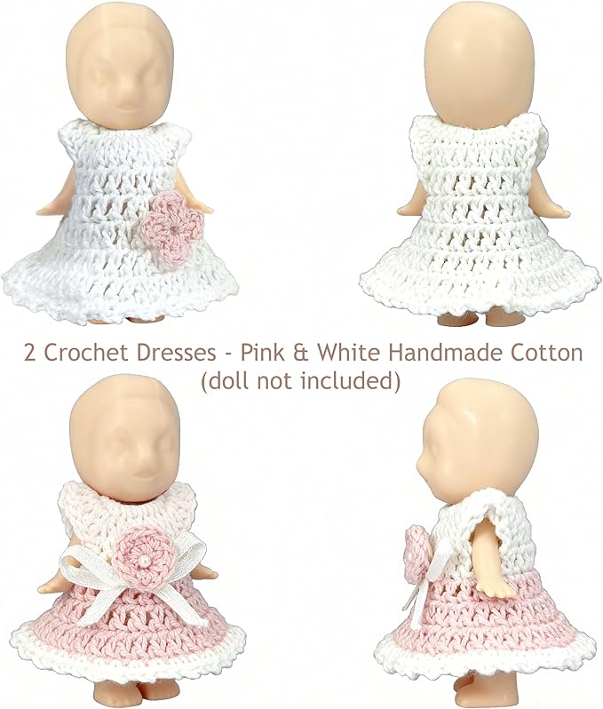 Mini Doll Clothes Skirt Set – 2 Crochet Dresses for 3 Inch Collectible Figures, Pink & White Cotton Outfits | Birthday Gift Set | Cute Clothing Accessories for Mini Dolls