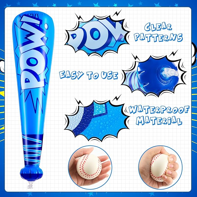 Seematn 16 Sets Inflatable Baseball Bats and Baseballs Set Includes 17 Inch Pow Inflatable Baseball Bats and 2.5 Inch Mini Foam Baseballs for Sports Party Favor Carnival Birthday (Red,Blue)