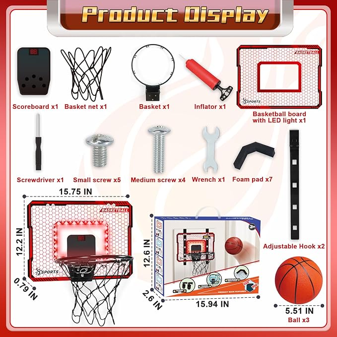 Adjustable Height Basketball Hoop Indoor with LED Lights, Basketball Toys Gifts for 5 6 7 8 9 10+ Year Old Boys Kids, Indoor Over The Door Mini Basketball Hoops with Electronic Scoreboard & 3 Balls