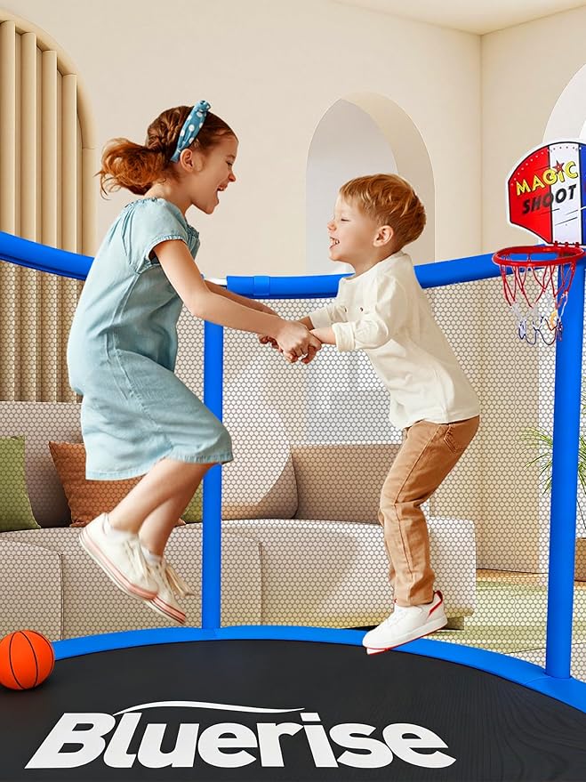 BLUERISE 55IN 6FT Toddler Trampoline for Kids Indoor Outdoor Play for Kids Trampoline Basketball Hoop Attachment with Enclosure Net Easy to Assemble