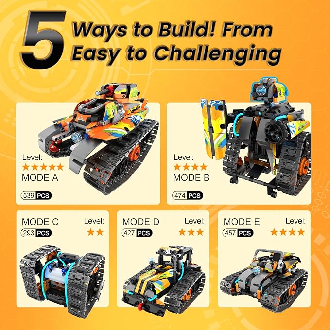 STEM Robot Building Kit with APP / Remote Control, 5 in 1 RC Robotic Car Toy for Kids Ages 8-12, Christmas Birthday Gifts for Boys Age 6 7 8 9 10 11 12+, DIY Build Set, Educational Science Projects