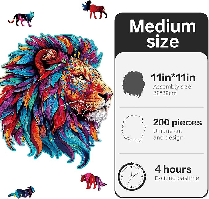 Wooden Puzzle for Adults,Lion Jigsaw Puzzles 200 Piece,Thanksgiving Birthday Gifts Family Game,Unique Shape Puzzles Challenge 11 x 11 Inch