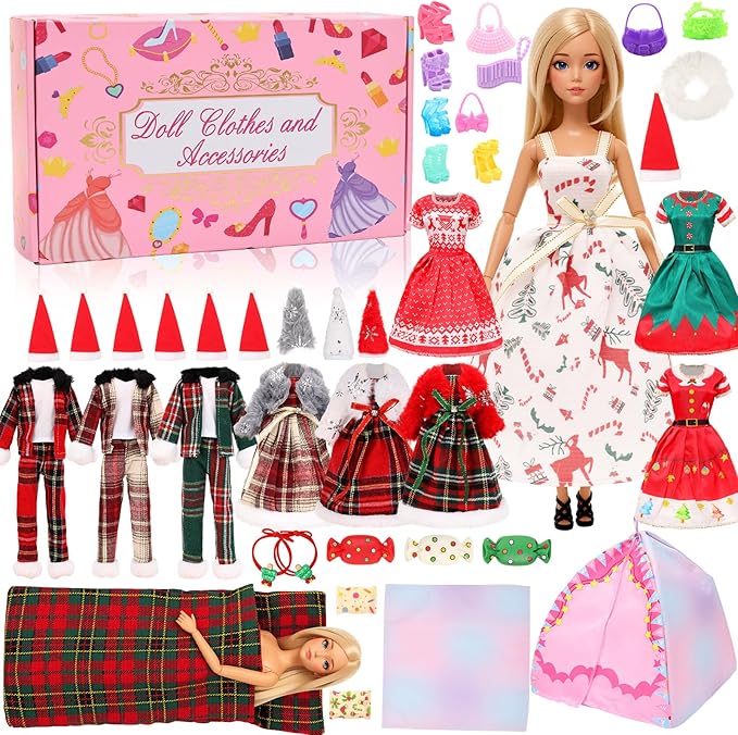 Miunana 33PCS Fashion Doll Winter Holiday Outfits & Accessories for 11.5" Dolls – Cozy Christmas Dresses, Coats, Hats, Bags & More
