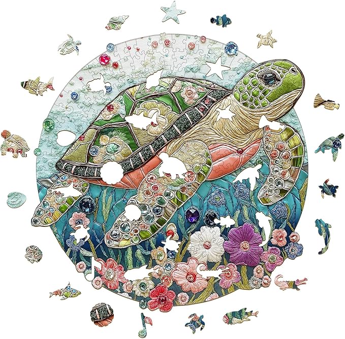 Wooden Puzzles for Adults - Embroidered Turtle Wooden Jigsaw Puzzle, Unique Animal Shaped Wood Puzzles Adult, Christmas Birthday Gifts for Friends/Family, Home Decor 13.4"x13.3"-270pcs
