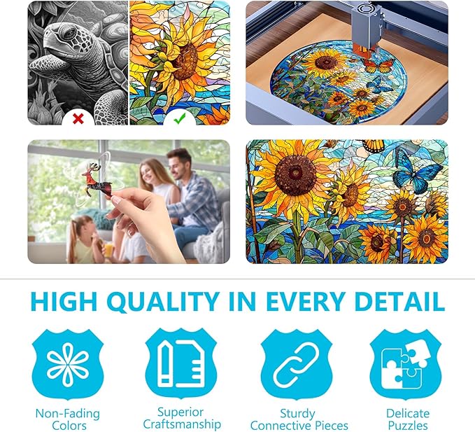 Wooden Puzzles for Adults - Stained Glass Sunflower Wooden Puzzle, Unique Shape Wood Jigsaw Puzzle for Adults, Wood Puzzles Adult, Gifts for Family, Wall Art Home Decor (600pcs 17.3 * 17.3in XL)