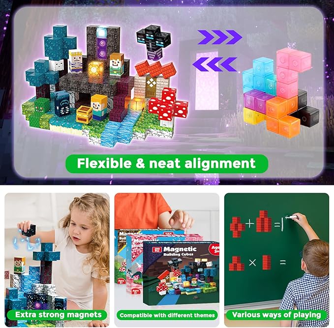 200 PCS Magnetic Blocks - Light Up Magnetic Building Blocks for Kids, Magnet Cubes Stacking for Boys Girls, STEM Montessori Sensory Toys Ages 3 4 5 6 7 8 9 10 11 12 13 Easter Birthday Gifts