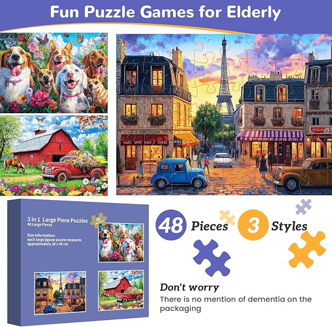 3 Packs 48 Large Piece Puzzle for Seniors,Dementia Alzheimer's Products Activities for Elderly Adults,Easy Puzzle Alzheimer’s Memory Cognitive Game Gift for Patient in Nursing Home with 6 Storage Bags