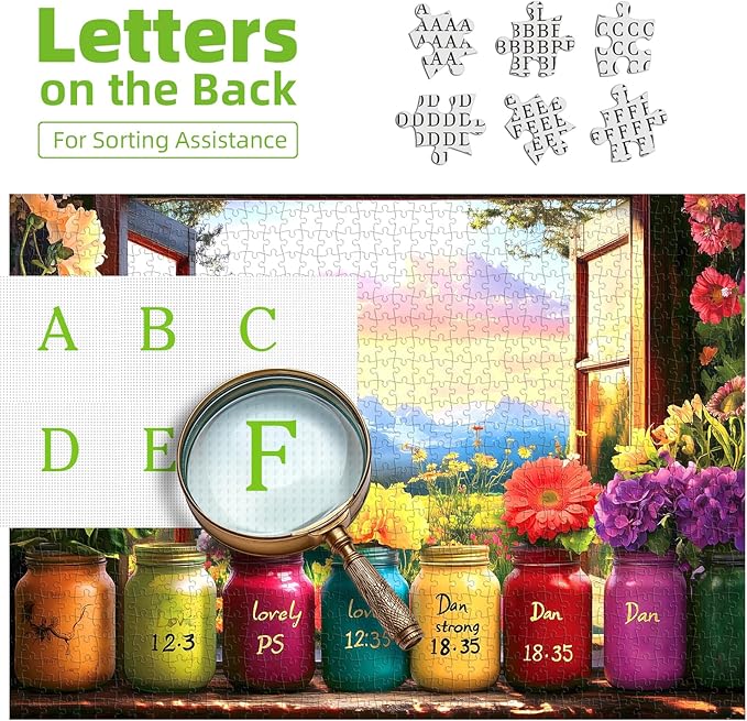 1000 Piece Jigsaw Puzzle for Adults, Colorful Mason Jars with Flowers and Sunset Mountain Landscape, 27x19 Inches Decorative Wall Artwork, Ideal for Stress Relief
