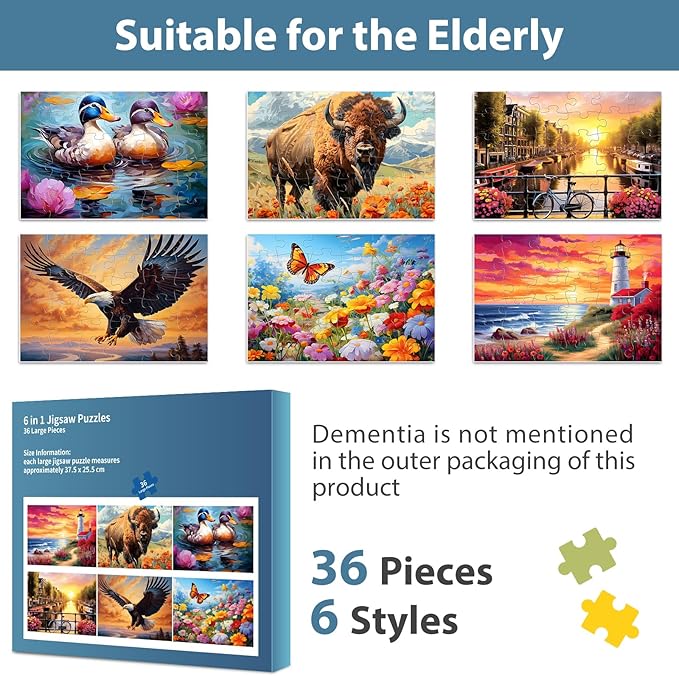 6 Pack 36 Piece Large Jigsaw Puzzle for Seniors Puzzles Dementia Alzheimer's Products and Activities for Elderly Adults Alzheimer's Puzzles Easy Memory Games Gift for Seniors Patients in Nursing Home