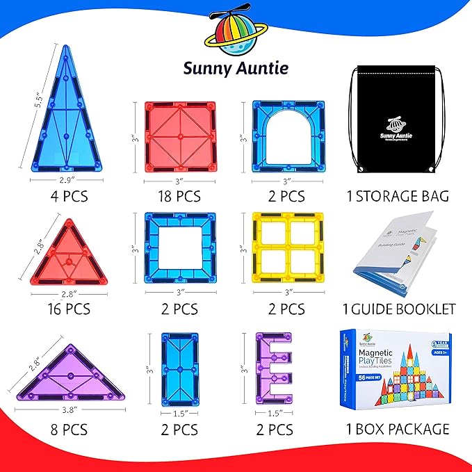 Magnetic Tiles 56 PCS Building Set – Magnetic Building Tiles STEM Toy for Kids & Toddlers Ages 3-8, Magnet Construction Set for Boys & Girls