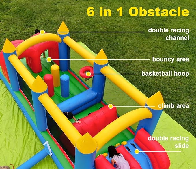 24FT Commercial Grade Inflatable Obstacle Course, (100% PVC) Bounce House for Big Kids 5-12 & Adult, with 2 Slides, (1100w Blower), Bouncy House for Backyard Outdoor Birthday Party Decor