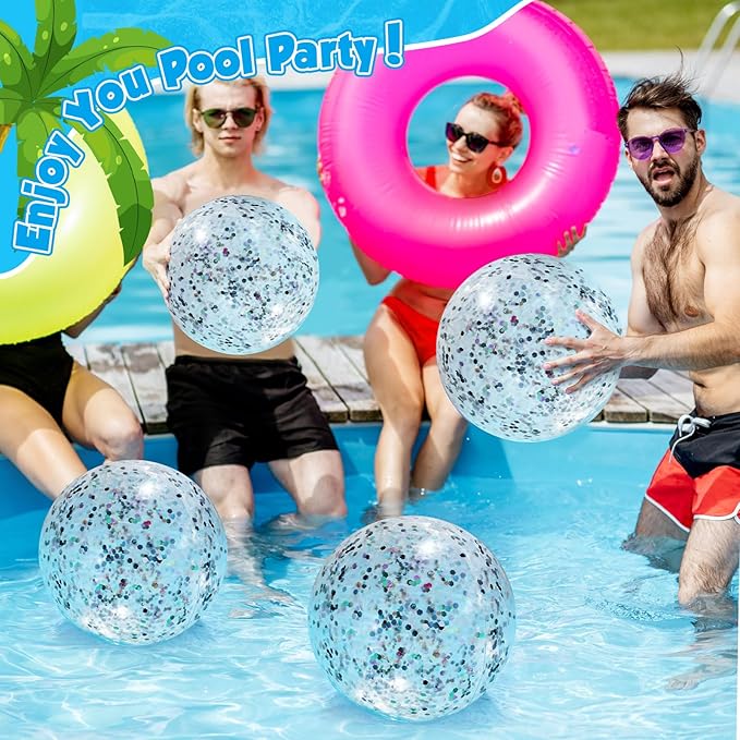 12 Pack Silver Glitter Beach Balls 16" Large Inflatable Sparkly Confetti Pool Balls Glitter Pool Toys PVC Jumbo Sport Ball for Birthday Hawaiian Wedding Christmas Happy New Year Party Favor