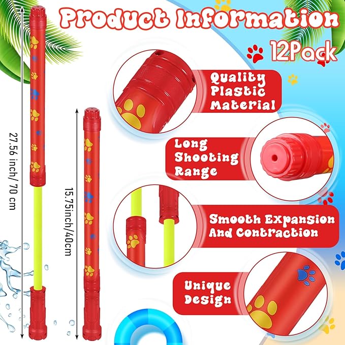 12 Pack Dog Puppy Paw Water Gun Birthday Party Favors Summer Activity 15.75 in Water Gun Blasters Toys for Kids Outdoor Swimming Pool Backyard Beach Games