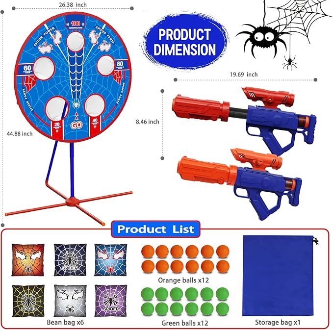 Spider Shooting Games Toys for 4 5 6 7 8 9 10+ Year Old Boys, Kids Outdoor Indoor Game with Moving Target & 2 Air Gun & 24 Ball, Bean Bag Toss for Carnival Games, Gifts Birthday Christmas Boy Kids