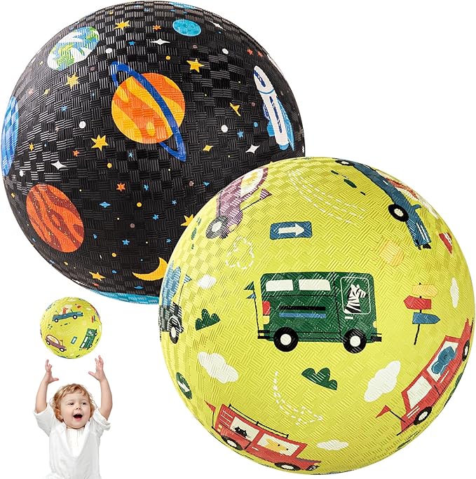 PlayZap 2 Pack Playground Balls for Kids, Planet & Vehicle Cars Kickballs for Toddlers 3-8, 8.5 in Rubber Balls with Pump, Indoor & Outdoor Dodgeball Toys for Boys & Girls Gifts