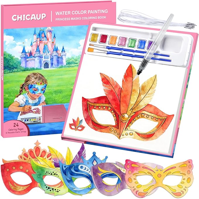 Paint with Water Coloring Books for Kids, 24 Pcs Paper Mache Masks Half Face, Princess Mardi Gras Mask Painting Book, Mess Free Watercolor Painting Kit, Painting Activity for Kids Gifts Ages 3-5 4-8 for Birthday Party Halloween Christmas