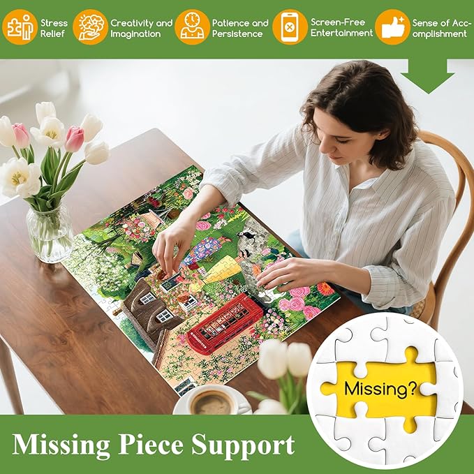 300 Piece Puzzles for Adults,Cottage Garden Puzzle for Adult Kids Seniors,Large Piece Woman Date Chat Puzzle for Kids Ages 8-10 10-12,Floral Red Phone Booth Puzzles Perfect for Game Night,20.5x15 in