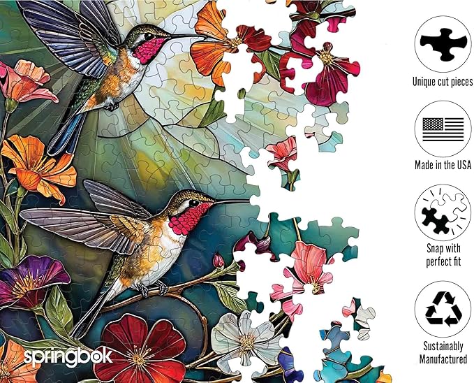 Springbok Hummingbird Hover 500 Piece Jigsaw Puzzle for Adults - Hummingbirds and Flowers - Unique Cut Pieces - Made in USA