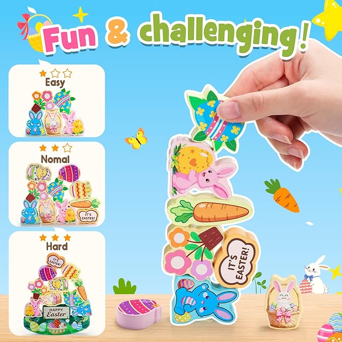 Easter Basket Stuffers Gifts for Kids Toddler Easter Toys 11 Pcs Wooden Stacking Blocks Toy for 3 4 5 6 7 8 9 10 Year Old Boys Girls Kid Balance Competition Games for Ages 5-7 Toddlers Gift
