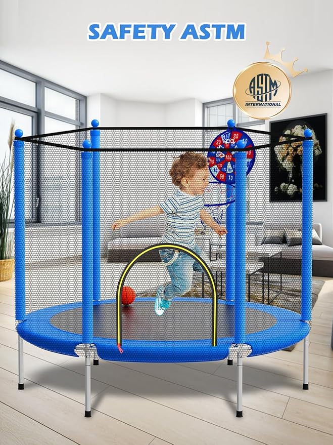 BLUERISE 55IN 6FT Toddler Trampoline for Kids Indoor Outdoor Play for Kids Trampoline Basketball Hoop Attachment with Enclosure Net Easy to Assemble