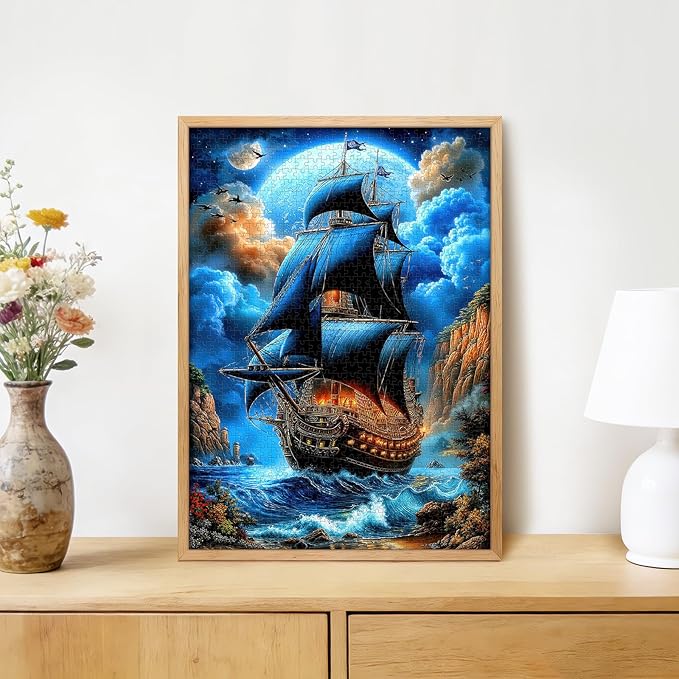 Moonlit Galleon 1000 Piece Puzzle for Adults - Fantasy Nautical Art, Mystical Coastal Scene, Poster & Lettered Back, 20"x28" HD, Gift for Adventure & Nature Lovers