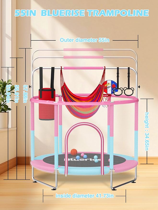 BLUERISE 55IN 6FT Toddler Trampoline for Kids Indoor Outdoor Play for Kids Trampoline Basketball Hoop Attachment with Enclosure Net Easy to Assemble