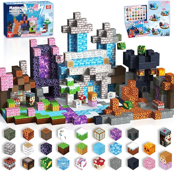 Magnetic Blocks-150PCS Magnetic Building Blocks Magnet Cubes Stacking Dark Forest Glacier Castle, STEM Montessori Sensory Toys for Kids Boys Girls Ages 4-8 Holiday Birthday Easter Gifts