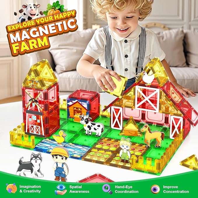 Magnetic Tiles Farm Animals Toddler Toys, STEM Magnet Building Blocks for Kids Ages 3-5 5-7 4-8, Preschool Montessori Sensory Toys Gifts for 3+ Year Old Boys & Girls